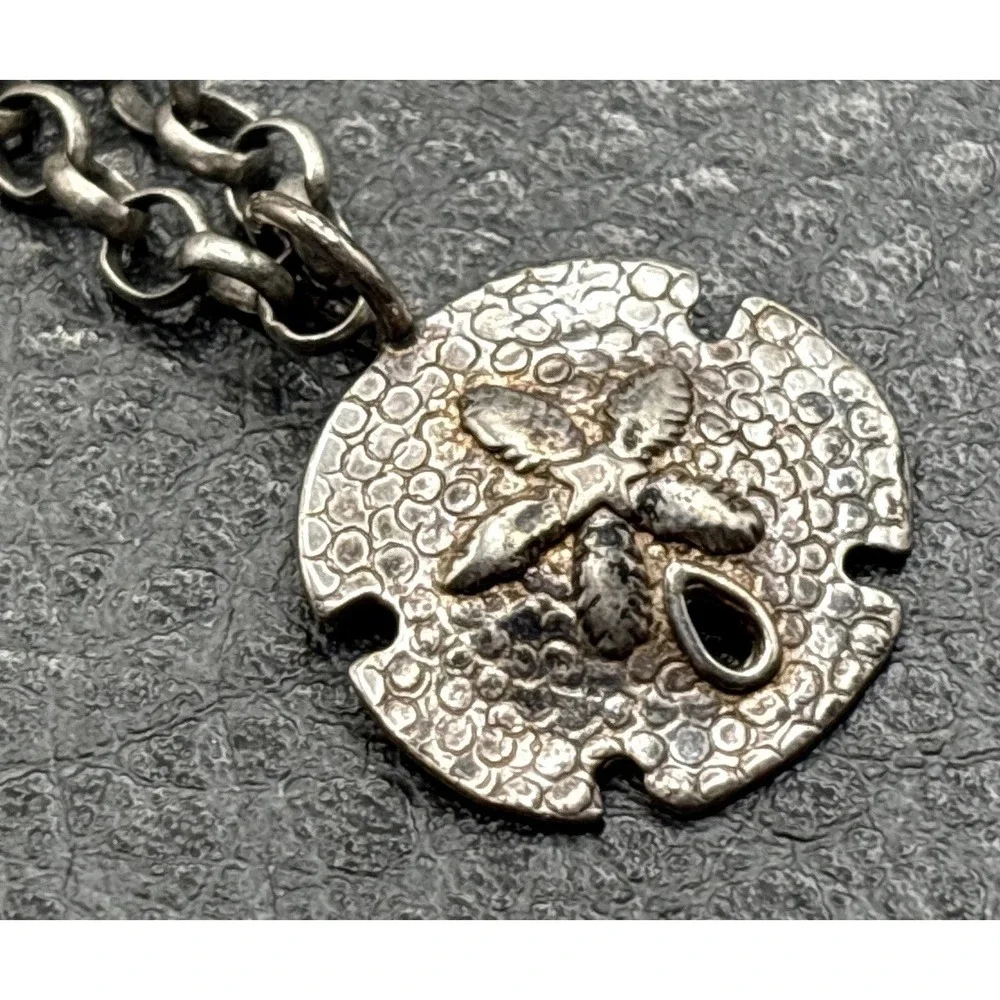 Vintage Sterling Silver Sand Dollar Pendant Rolo Chain Necklace Beach Sea Boho